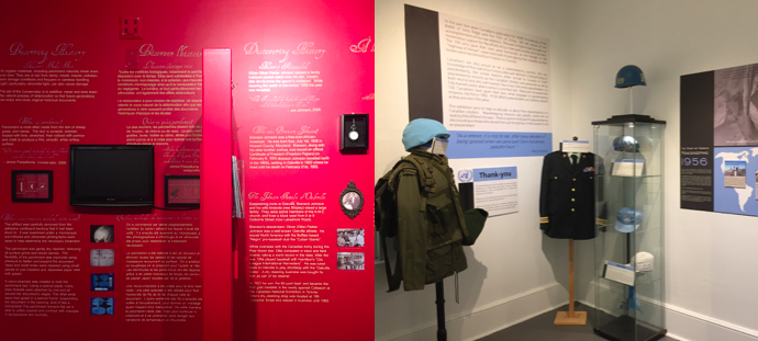 On the left, the bright red paint distracts from the white textual display.  On the right, muted green, blue, and white colours provide a distinct palette.