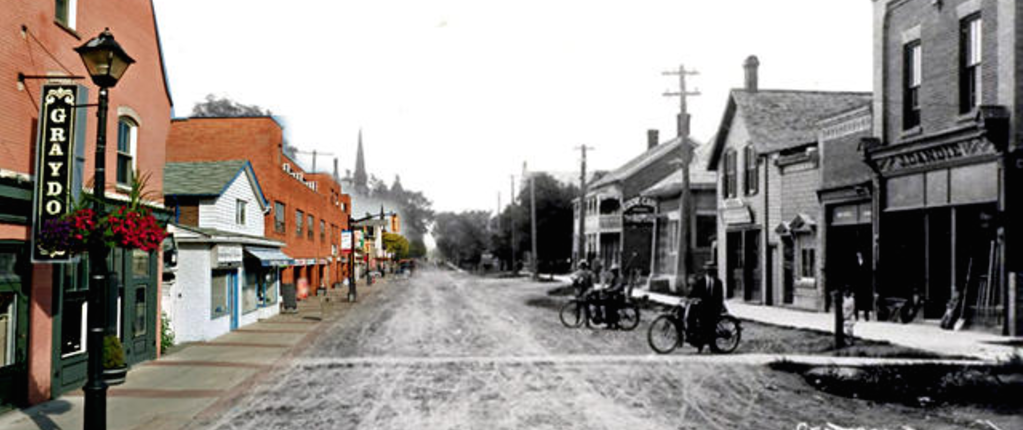 Image of modern downtown Streetsville superimposed onto historic photograph of downtown Streetsville
