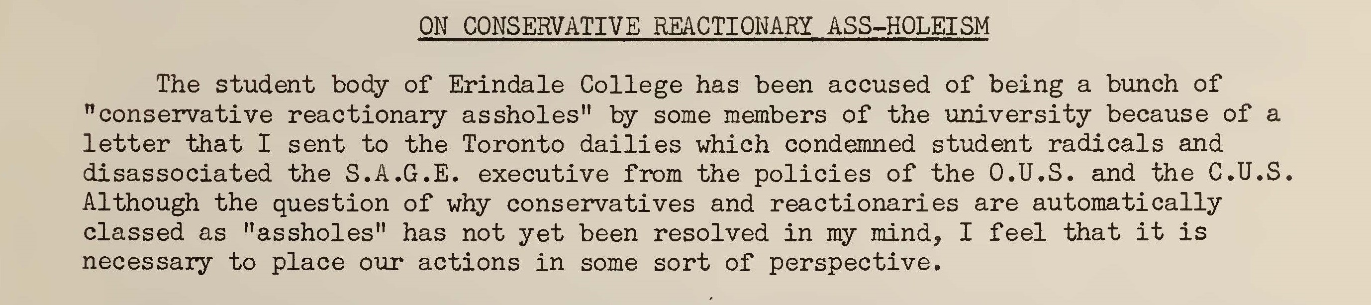 Newspaper article describing how UTM's student body has been accused of being conservative reactionary assholes