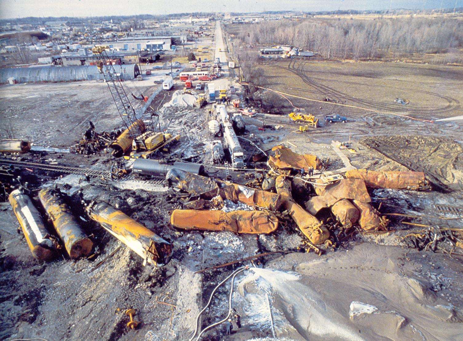 The aftermath of the Train Derailment once the fire was quenched and the chlorine leak was blocked.